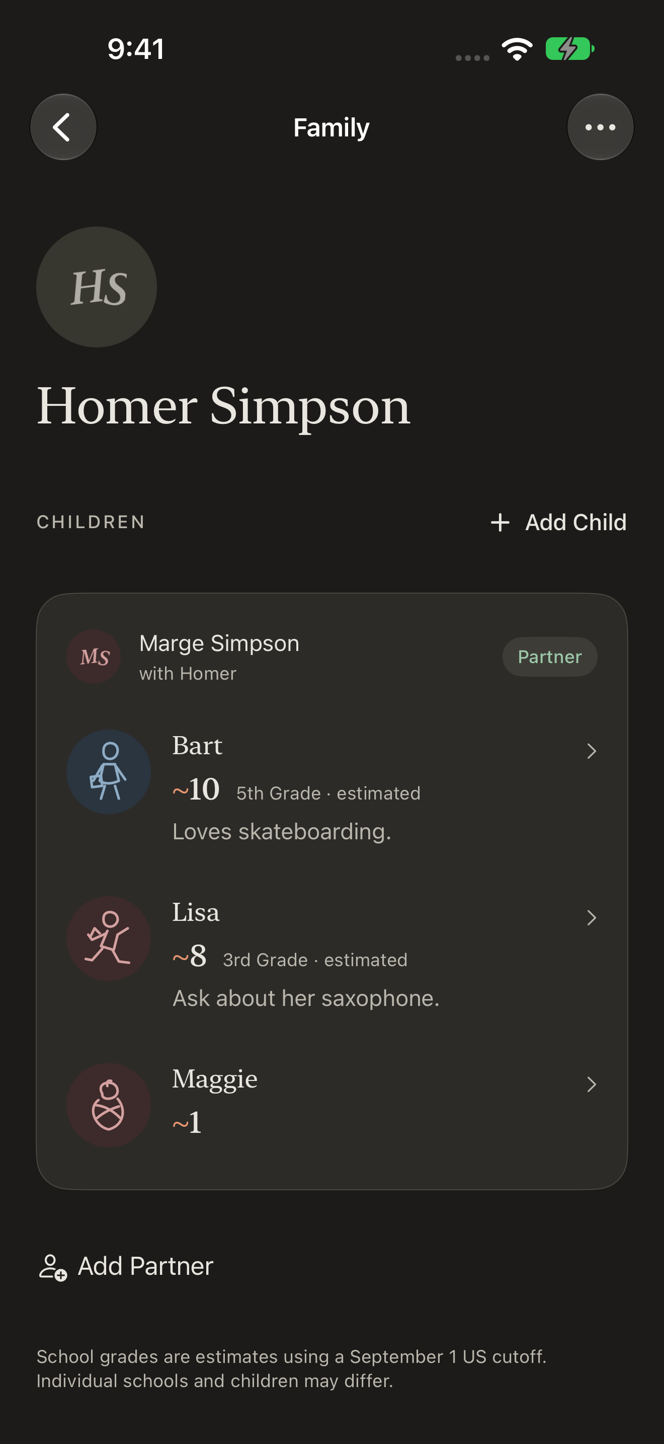 Kin app showing a family’s relationships, children, ages, and notes